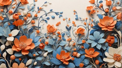 Pattern of orange flowers and indigo leaves.on white background