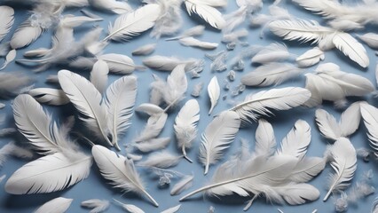 Pattern of white feathers delicately scattered across a serene blue background