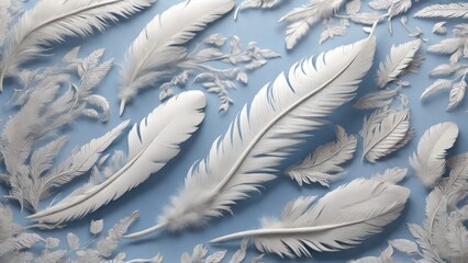 Pattern of white feathers delicately scattered across a serene blue background