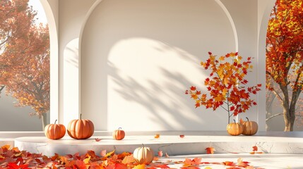 Colorful autumn leaves scattered on and around a turquoise platform, casting playful shadows in a warm, festive fall setting.