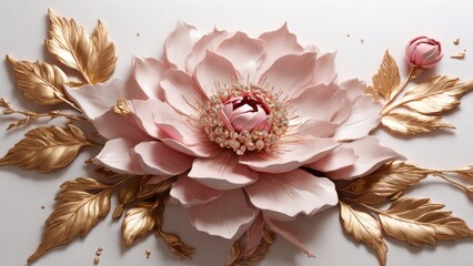 3D flowers pink flower with gold leaves on white background