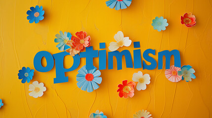 hand made craftef paper with word optimism, positive message, good vibes, yellow, colorfull, flowers
