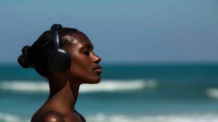 Obraz premium Black woman with headset, listening to relaxing music at the beach