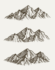 Set of mountain vintage engraving style on white background.