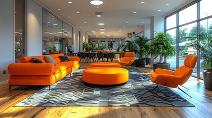 Modern bright office with an open, collaborative space, shared tables and comfortable lounging areas with orange sofas and armchairs