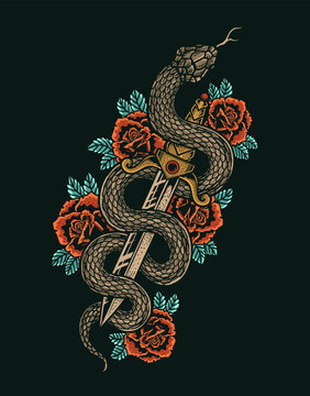 Isolated knife with rose and snake, Romantic flesh art festival poster. Rock and Roll music related sign. Vector illustration