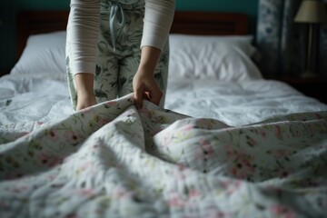 person in pajamas turning down a bedspread for the night - obrazy, fototapety, plakaty