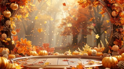 Colorful autumn leaves scattered on and around a turquoise platform, casting playful shadows in a warm, festive fall setting. - obrazy, fototapety, plakaty