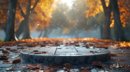 Colorful autumn leaves scattered on and around a turquoise platform, casting playful shadows in a warm, festive fall setting.