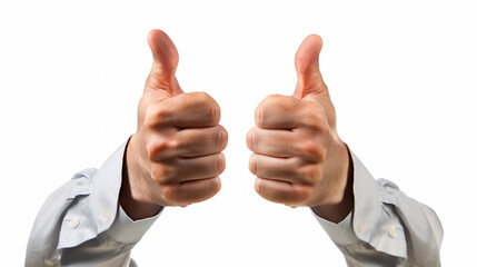 A pair of hands giving a thumbs up sign against a white background.