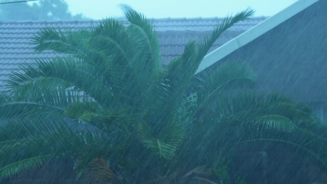 A 4K video of a Heavy downpour rainstorm with wind gushing from side to side with a very gloomy depressing coloring. Causing alot of damage and floods