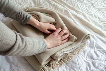 high angle of hands placing a folded throw blanket at beds foot