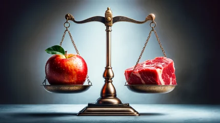 Foto op Canvas Balanced vintage scale with shiny red apple on one side and large chunk of raw red beef on other, © unicusx
