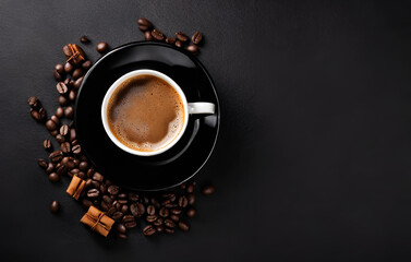 Tasty steaming espresso in cup with coffee beans. view from above. dark background.
