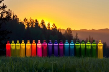 Fototapeta na wymiar colored bottles arranged in a row on grass, sunrise and forest silhouette