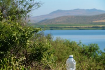 plastic bottle caught in bush, lake and hills in distance