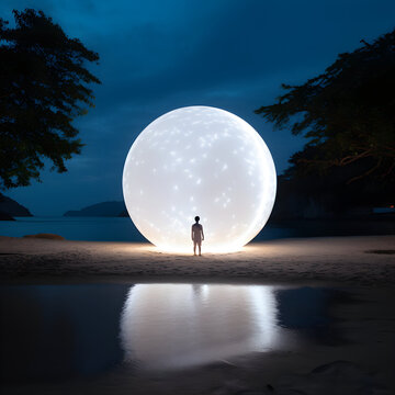 A glowing giant moon on a tropical beach at night - Format: 1:1