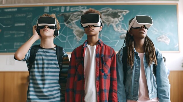 Students using ar glasses vitual reality headset in a school classroom education technology concept, modern lifestyle innovation augmented reality metaverse 