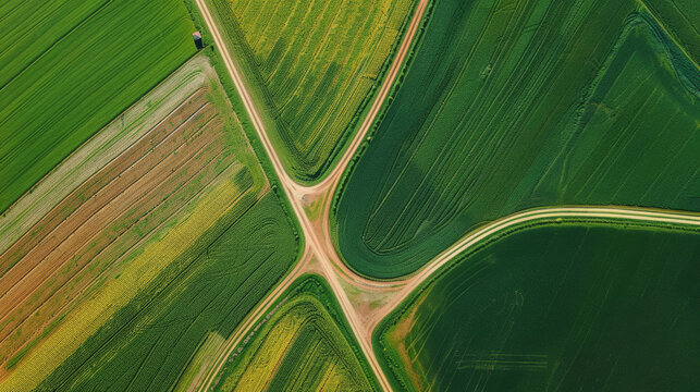 Drone Shot of Spring Season Crop Fields and Dirt Roads. Colorful Aerial View of Farmland, Celebrating Earth Day