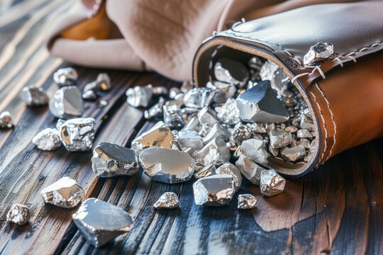a leather pouch spilling out silver nuggets onto a wooden table