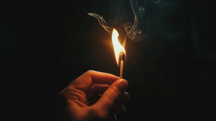 hand holding burning match with the flame on black background. Made with generative ai
