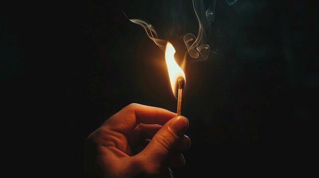 hand holding burning match with the flame on black background. Made with generative ai
