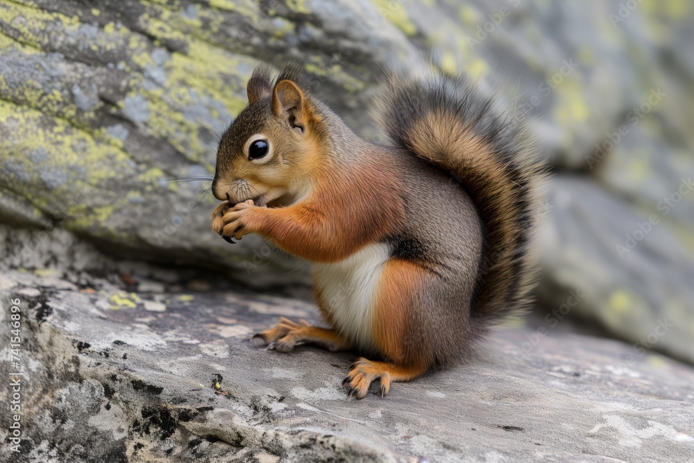 Wall mural close shot of squirrel eating pine nut on rock