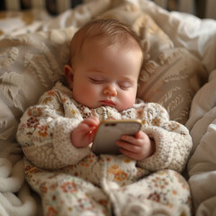 Newborn baby using new technology and social media
