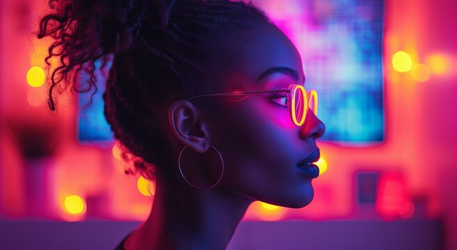 The face of a girl in retro style glasses with curled hair silhouettes her body with neon light.
Concept: cosmetics and colorful accessories for women, urban events or cultural festivals