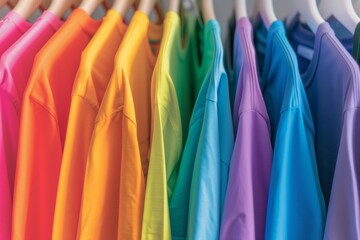 rainbow of tshirts on hangers in a neat row