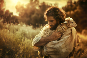 Jesus carries a lost sheep in his arms - obrazy, fototapety, plakaty