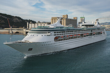 Royal cruiseship cruise ship liner Enchantment departure from port of Barcelona, Spain for...