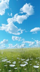 Beautiful flower field, green meadow, and blue sky with clouds.	
