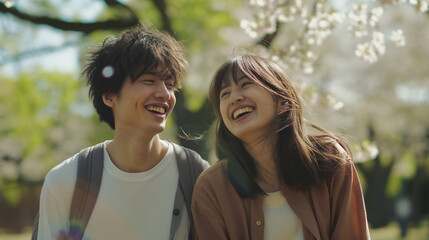 Naklejka premium 日本人の若いカップルが新緑のきれいな公園を散歩している仲睦まじい様子