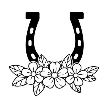 Horse Shoe Silhouette with Beautiful Floral, Horse In Horse Shoe clipart Vector, Horse Head, Horse Cut File