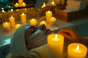 home spa setting, candles around a person doing a facial