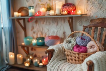knitting basket beside a chair, candles on nearby shelves