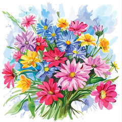 Fototapeta na wymiar Colorful Watercolor Flower Bouquets Vector isolat