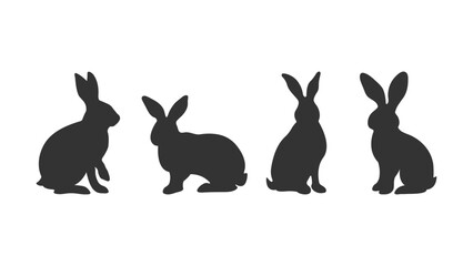 4 Rabbits Silhouette Figures On White Background. Happy Easter, decorated Easter card, banner. Set of silhouettes of bunnies in different poses. Vector 