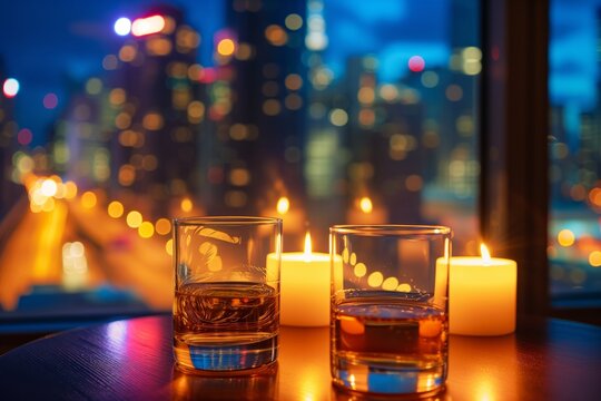 candlelit whisky tasting, citys nightlife as backdrop