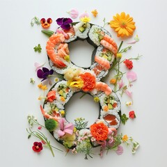 The number 8 is made of sushi and flowers. Template for March 8. International Women's Day