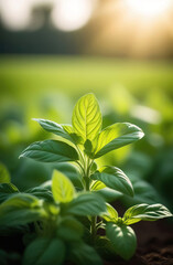 Close up of young basil plant growing in the soil at sunset