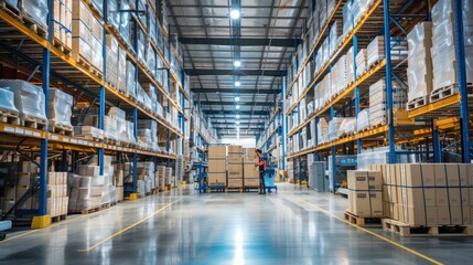 The warehouse worker efficiently organized and loaded freight transportation shipments at the bustling distribution warehouse.