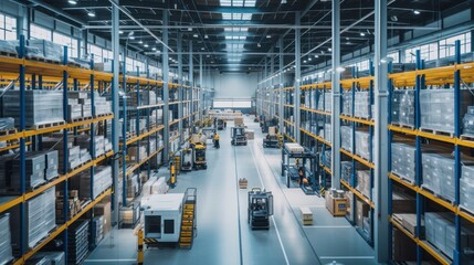 The bustling distribution warehouse hums with the orchestrated chaos of warehouse workers ensuring timely freight transportation. - obrazy, fototapety, plakaty
