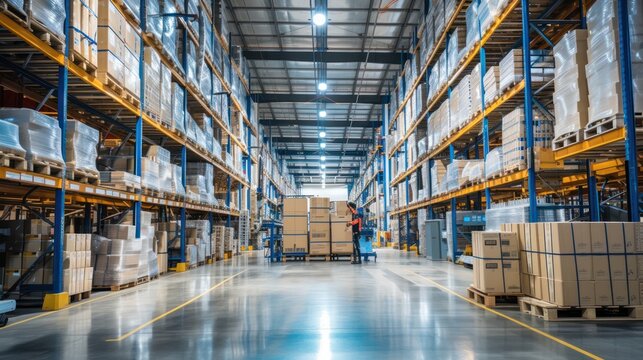 The warehouse worker efficiently organized and loaded freight transportation shipments at the bustling distribution warehouse.