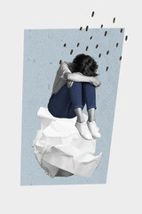 Collage composite design photo of young girl sitting on crumpled paper and crying alone offended...