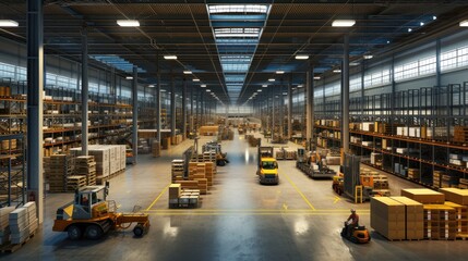 The busy distribution warehouse buzzed with activity as warehouse workers efficiently sorted and loaded freight transportation orders for delivery.