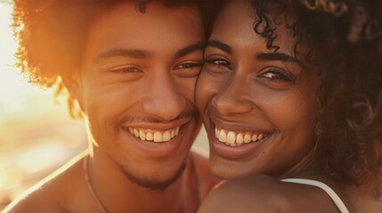 Happy couple portrait man and woman happy smiling outdoor romantic summer vacations family relationship husband and wife - obrazy, fototapety, plakaty