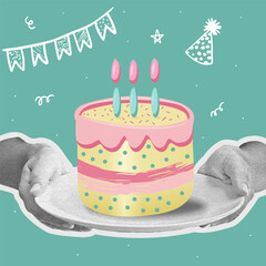 Happy birthday greeting cards. Cake and halftone collage hands. Vector holiday banner