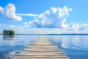 A serene landscape with a wooden dock stretching into the calm waters of the lake, framed by billowing clouds and a lush tree-lined shore - Powered by Adobe